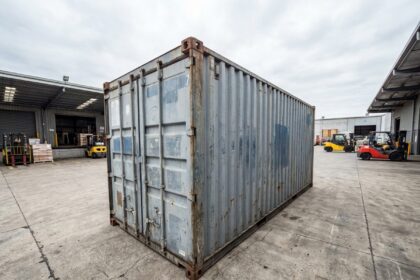 Container industriel technique en acier galvanisé sur un chantier industriel avec quai de chargement