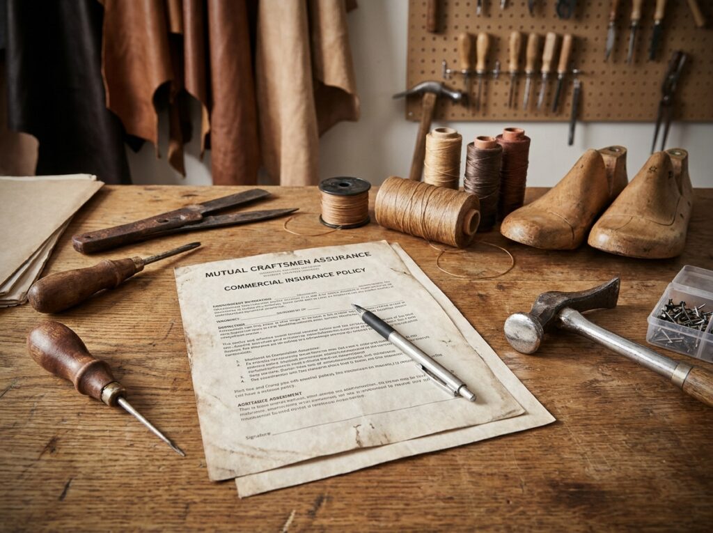 Contrat d'assurance professionnelle posé sur un bureau de cordonnier entouré d'outils de métier, représentant les protections essentielles pour les artisans de la chaussure