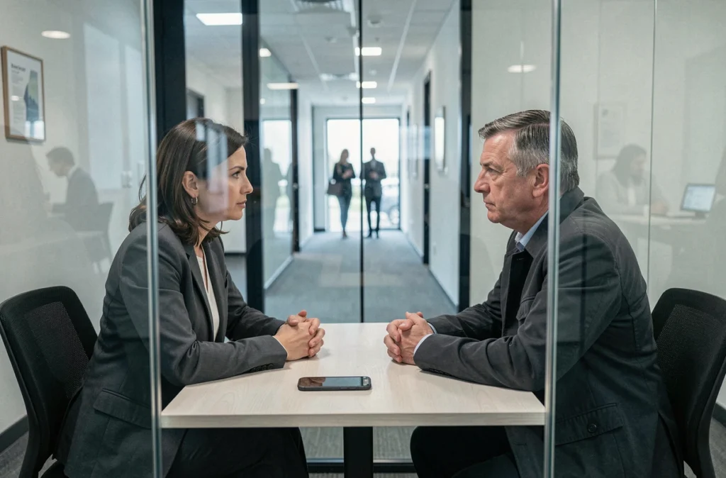 Deux professionnels en réunion dans un bureau vitré avec un smartphone posé sur la table enregistrant discrètement leur conversation