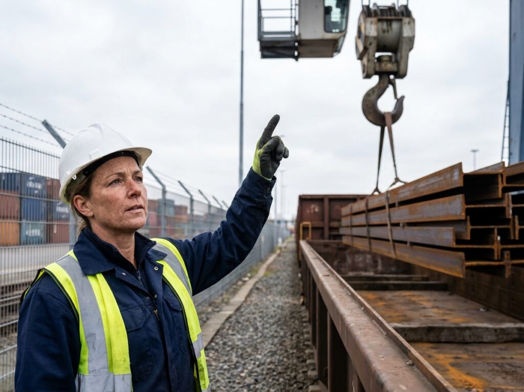 Coordinatrice logistique supervisant le chargement par le dessus d'un wagon ouvert avec des poutrelles en acier dans un terminal ferroviaire de fret