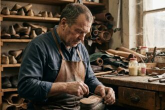 Cordonnier professionnel travaillant sur une botte en cuir dans son atelier artisanal, illustrant les risques métiers couverts par l'assurance professionnelle