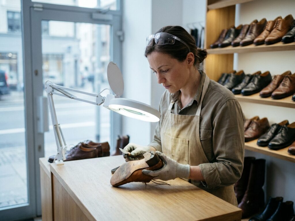 Cordonnière inspectant une chaussure endommagée dans une boutique moderne, symbolisant la responsabilité professionnelle et la nécessité d'une couverture d'assurance adaptée