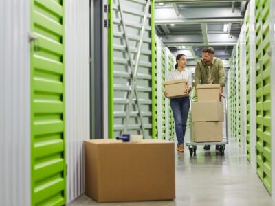 Couple Moving Boxes in Storage Unit