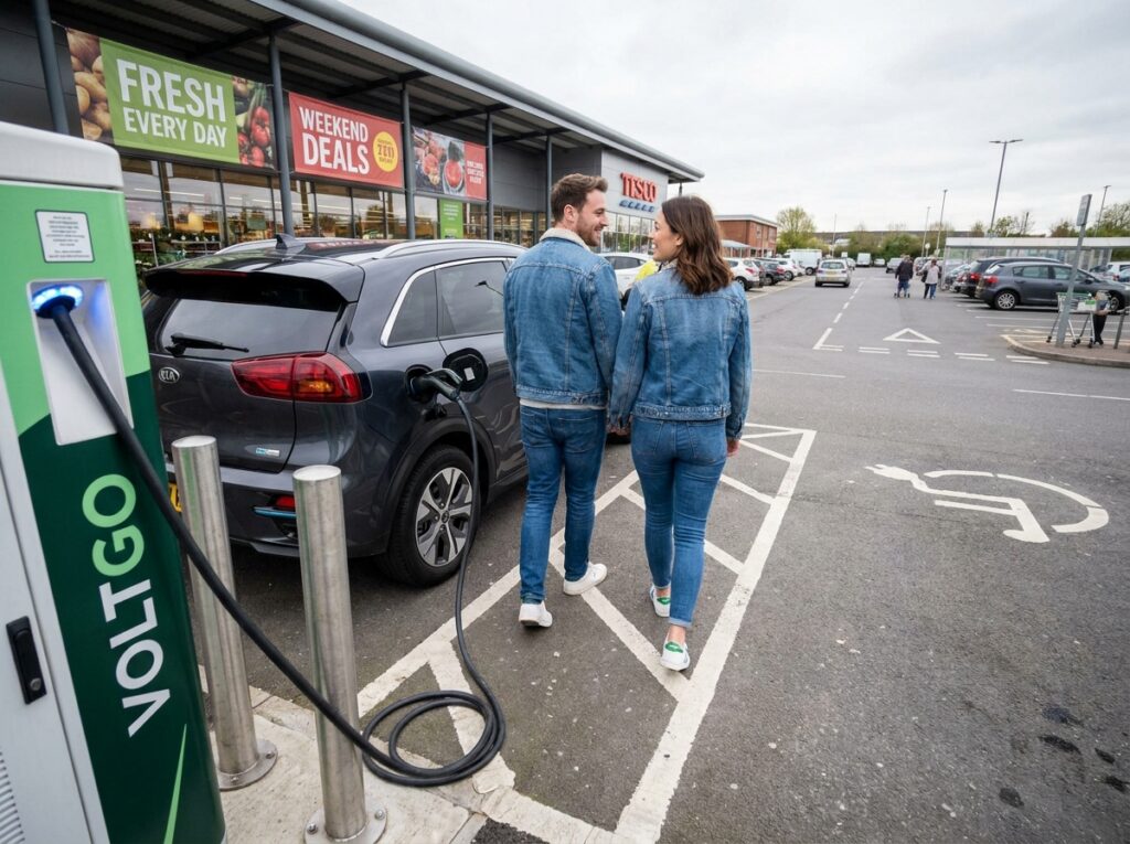 Couple se dirigeant vers un supermarché après avoir branché leur voiture électrique sur une borne de recharge dans le parking