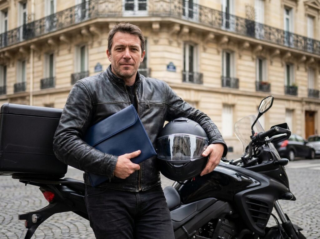 Un coursier moto tient un porte-documents rigide près de sa moto garée sur un boulevard parisien pavé