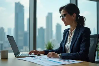 Directrice financière analysant des tableaux de bord financiers avec ratios CA et OP sur son bureau en entreprise