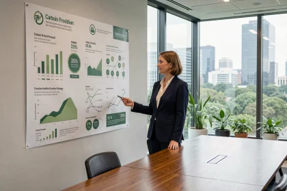 Directrice d'entreprise analysant une stratégie de transition écologique dans une salle de réunion moderne avec des graphiques de développement durable