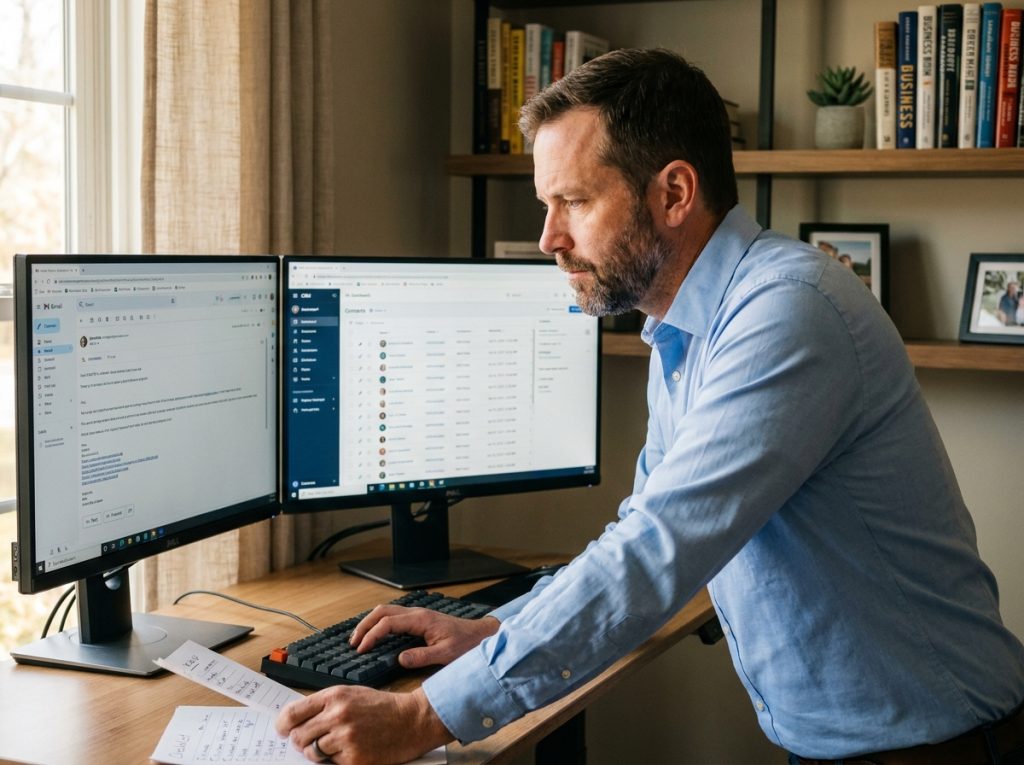 Dirigeant de PME supervisant à distance sa prospection b2b externalisée via un CRM sur double écran