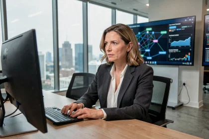 Dirigeante d'entreprise analysant un tableau de bord de cybersécurité dans une salle de réunion moderne
