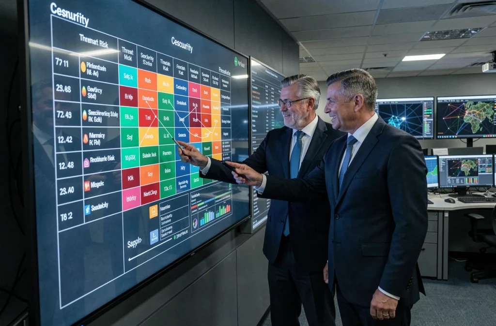 Deux dirigeants d'entreprise examinant une matrice de risques cybersécurité sur un écran interactif dans un centre opérationnel
