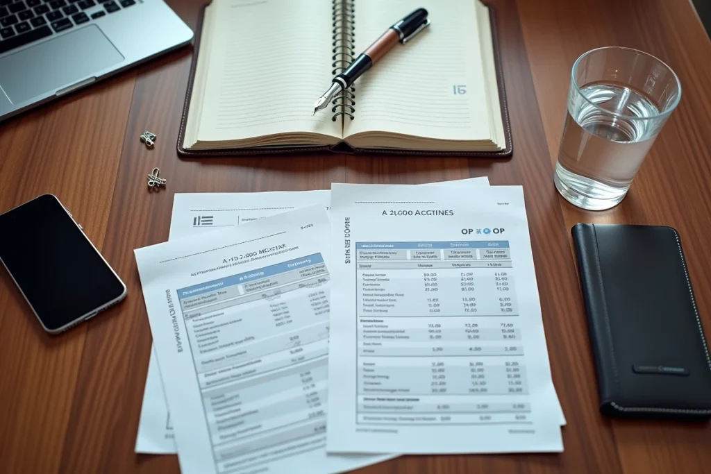 Vue aérienne de documents financiers avec chiffre d'affaires et résultat opérationnel annotés sur une table de réunion