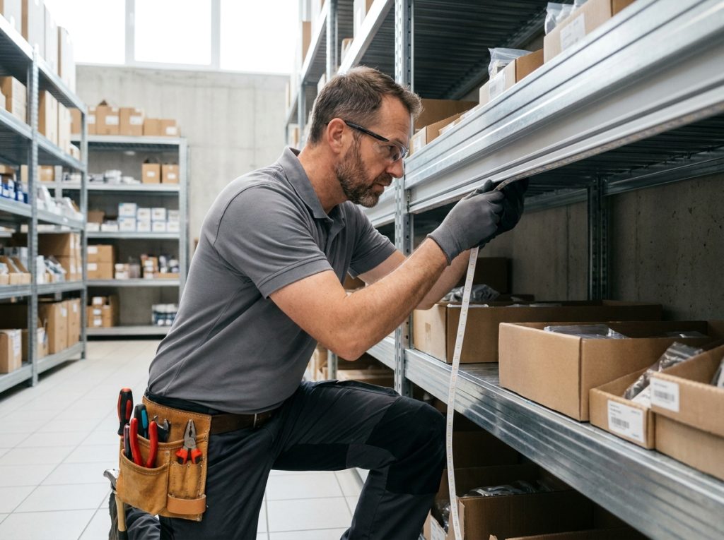 Électricien installant un bandeau LED 220V dans un profilé aluminium sur une étagère de local commercial professionnel