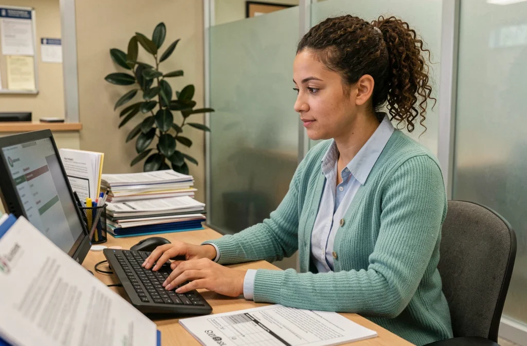 Employée de collectivité locale suivant un guide étape par étape pour réussir sa première connexion à un logiciel administratif