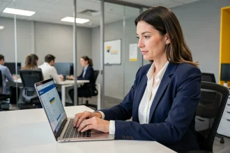 Une employée de La Poste connectée à l'extranet GTm sur son ordinateur portable dans un bureau moderne