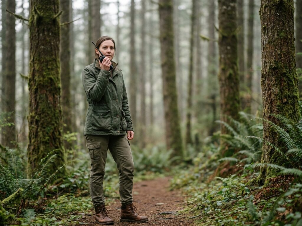 Femme employée isolée en forêt communiquant par radio talkie-walkie pour sa sécurité