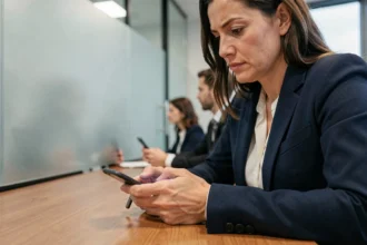Femme en blazer tenant discrètement un smartphone sous une table de réunion professionnelle pour enregistrer une conversation