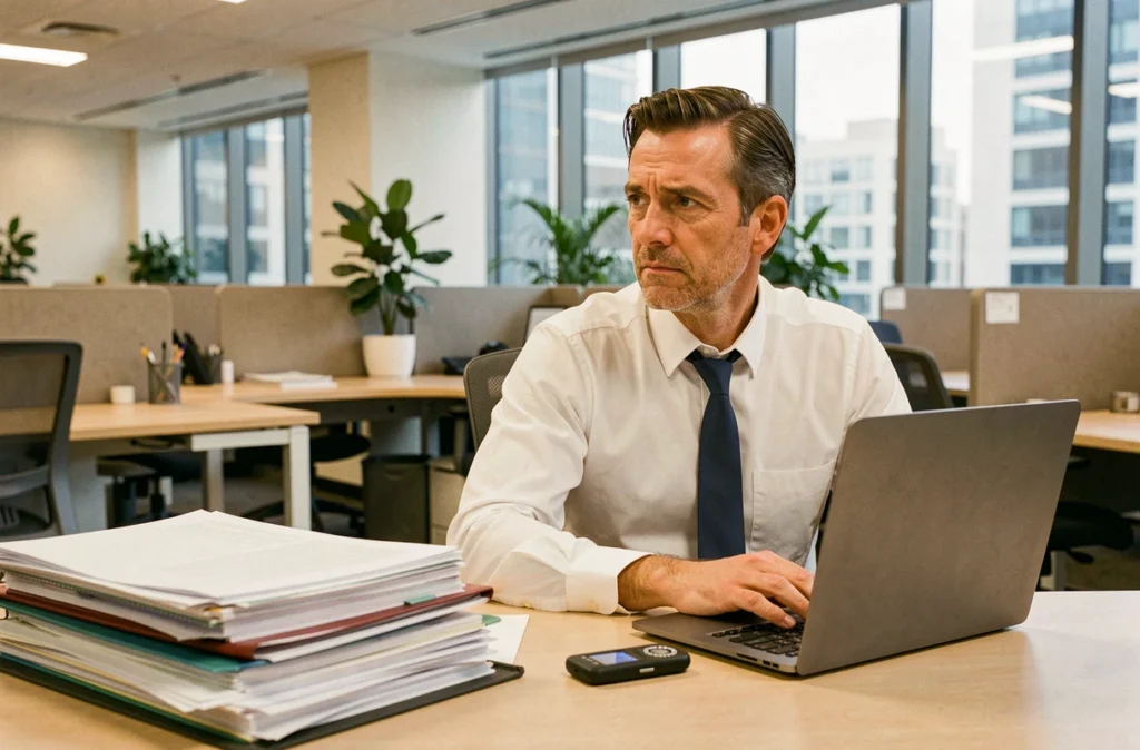 Homme d'affaires utilisant un enregistreur vocal dissimulé sous des dossiers dans un bureau en open space