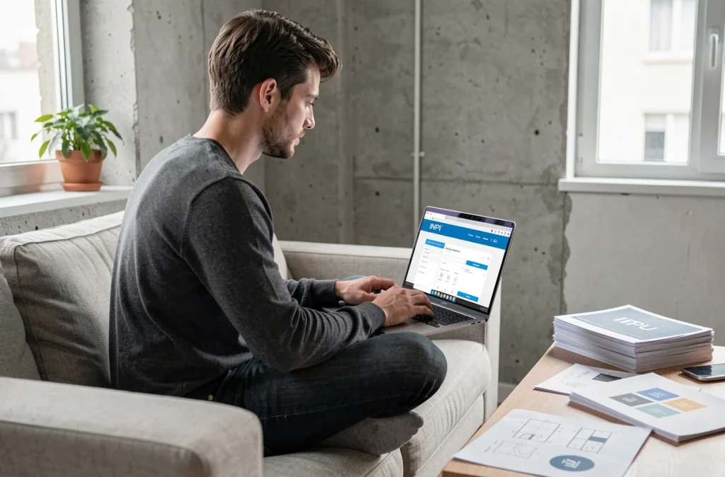 Jeune entrepreneur recherchant comment protéger sa marque sur le site officiel de l'INPI depuis son bureau à domicile