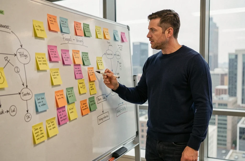 Entrepreneur planifiant sa stratégie d'entreprise sur un tableau blanc avec des fiches de notes colorées