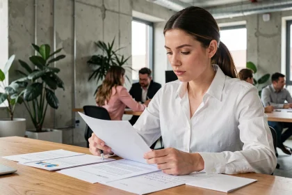 Entrepreneuse consultant un guide business à son bureau dans un espace de coworking moderne