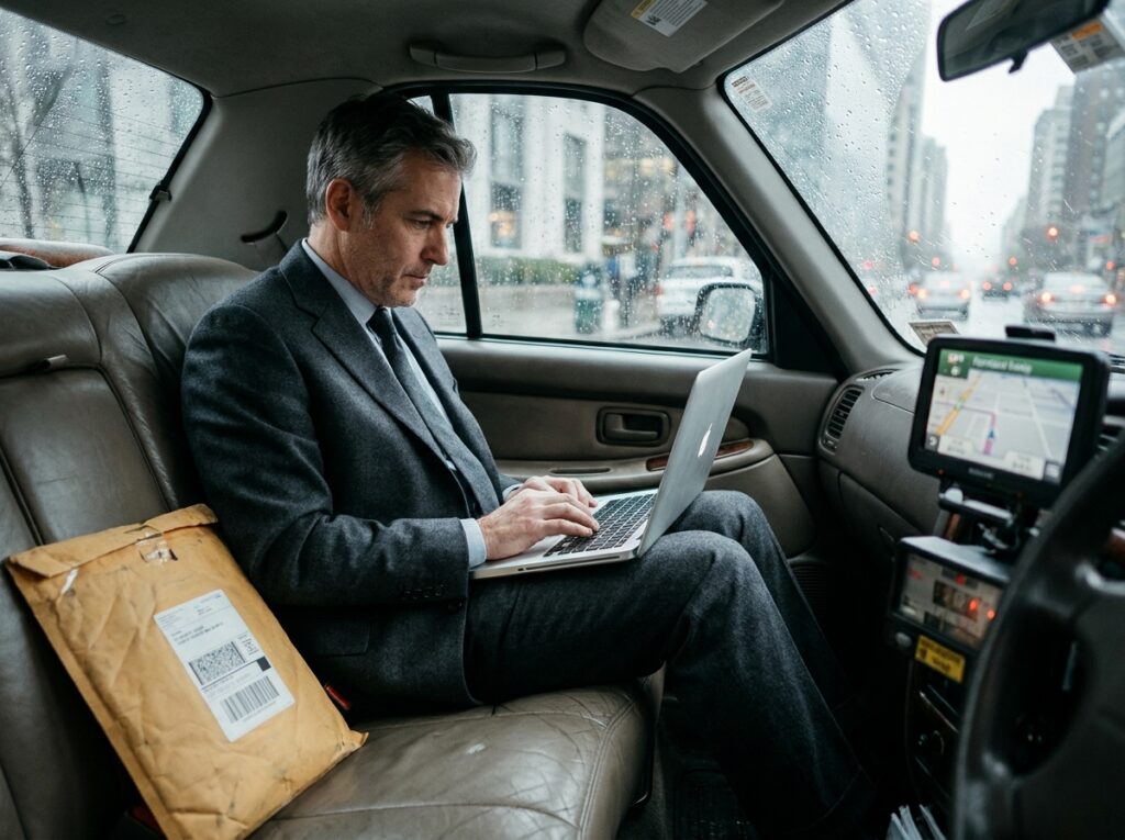 Un cadre envoie des documents urgents depuis la banquette arrière d'un taxi sous la pluie en ville