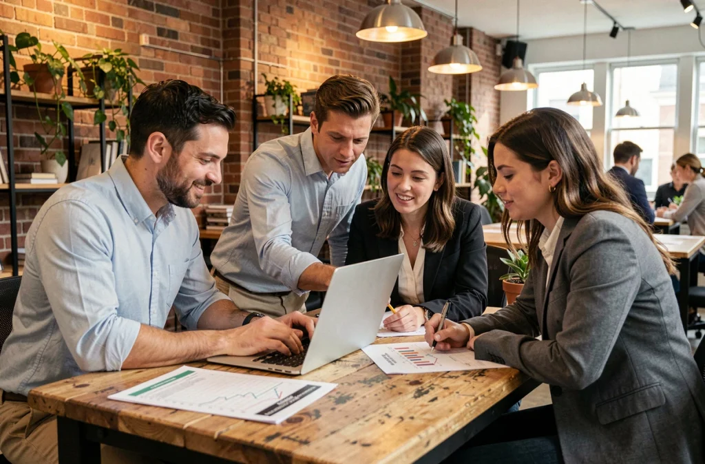Une équipe de professionnels collabore autour d'indicateurs économiques territoriaux dans un espace de coworking, appliquant les bonnes pratiques d'analyse et évitant les erreurs fréquentes