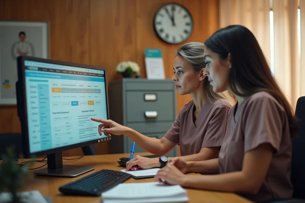 Deux employées Azaé examinent ensemble les nouvelles fonctionnalités de l'extranet salarié sur un ordinateur de bureau en agence