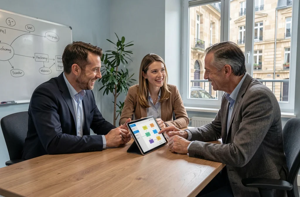 Équipe de collaborateurs d'une PME française discutant de l'intégration de l'intelligence artificielle lors d'une réunion de travail
