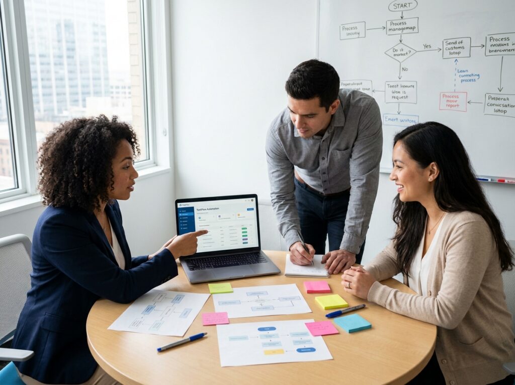 Équipe RH mixte en réunion autour d'une table avec ordinateur et diagrammes de processus pour rationaliser les tâches administratives répétitives