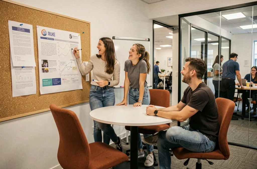 Équipe de startup en réunion créative dans une salle de conférence louée au sein d'un espace de coworking