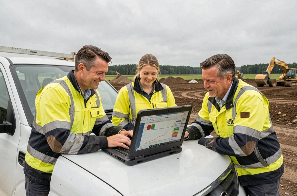 Équipe terrain réunie autour d'un ordinateur portable pour consulter des données en temps réel sur le terrain