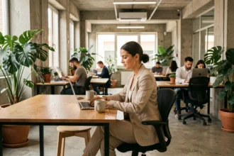 Femme travaillant dans un espace de coworking moderne à Valence avec des bureaux en bois et des plantes vertes