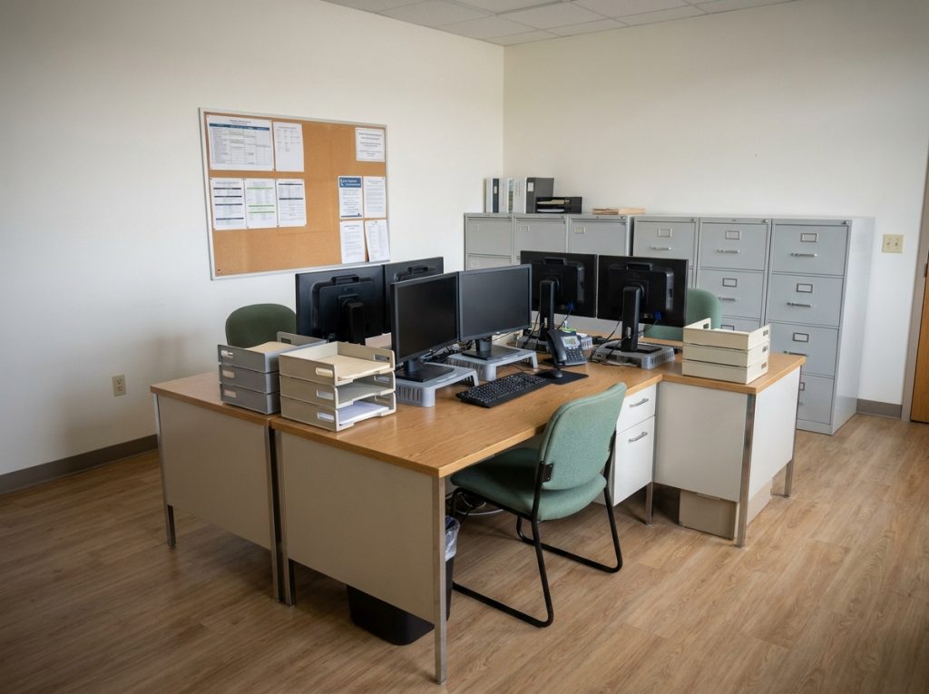 Espace de travail administratif partagé avec bureaux modulaires et rangements économiques dans un bureau municipal
