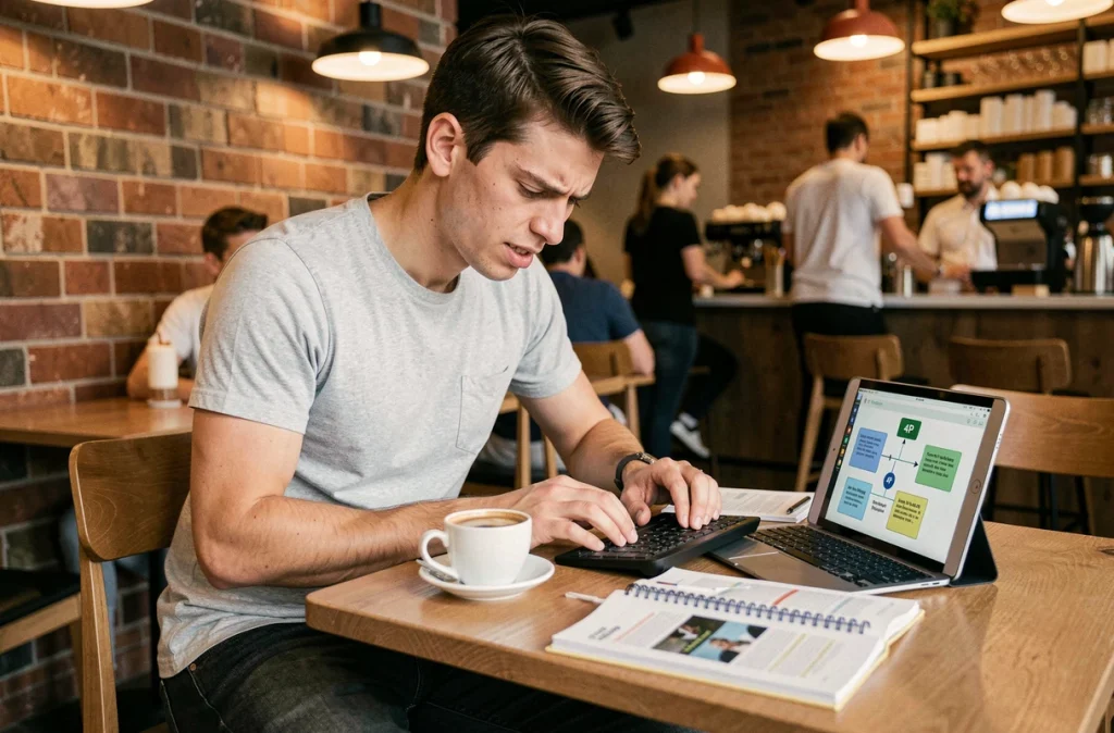 Étudiant en marketing étudiant seul dans un café avec un manuel ouvert sur le mix marketing et les 4P