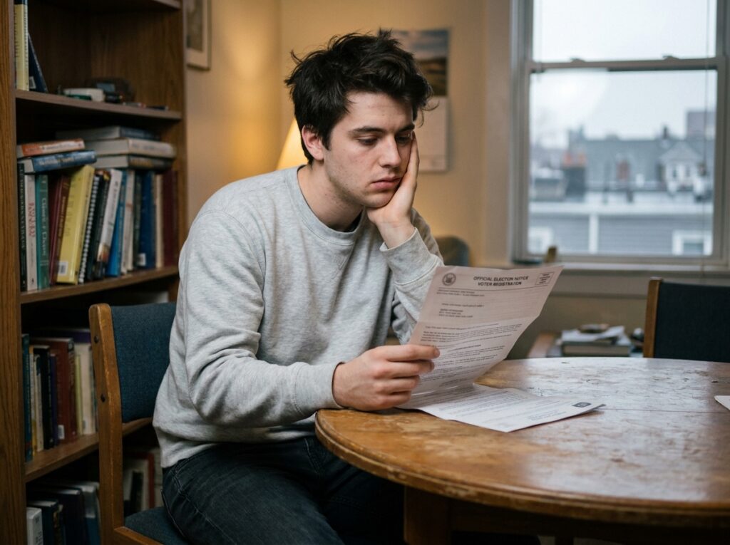 Jeune étudiant perplexe regardant une convocation électorale pour les élections municipales dans son appartement