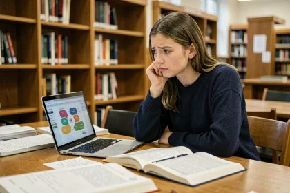 Étudiante en marketing révisant les 4P dans une bibliothèque universitaire avec des livres et des notes ouvertes sur un bureau en bois