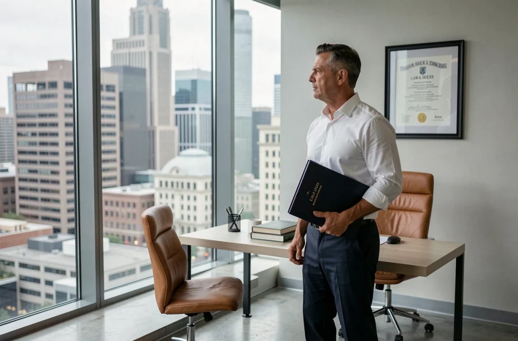 Professionnel du droit commercial debout dans un cabinet spécialisé avec vue sur le quartier d'affaires, illustrant l'expertise juridique dédiée aux entreprises