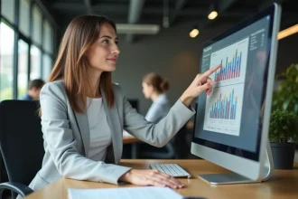 Jeune femme analysant un tableau de bord BI sur un écran d'ordinateur dans un bureau moderne