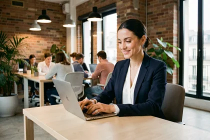 Femme professionnelle travaillant dans un espace de coworking moderne à Châtelet, Paris