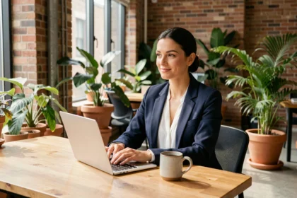 Femme travaillant dans un espace de coworking moderne avec plantes et murs en briques
