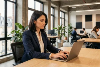 Femme professionnelle travaillant sur un ordinateur portable dans un espace de coworking moderne à Lyon Part-Dieu