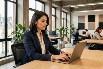Femme professionnelle travaillant sur un ordinateur portable dans un espace de coworking moderne à Lyon Part-Dieu
