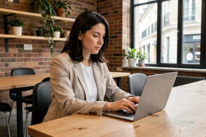 Femme travaillant sur un ordinateur portable dans un espace de coworking à Rambouillet avec décoration moderne
