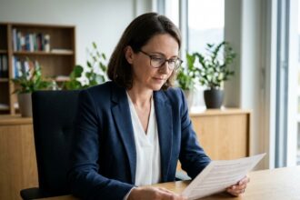 Femme professionnelle lisant un certificat de travail suisse dans un bureau moderne