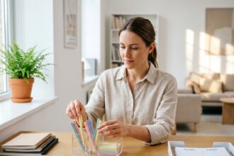 Femme organisée rangeant ses fournitures de bureau sur un bureau en bois épuré dans un espace de travail moderne
