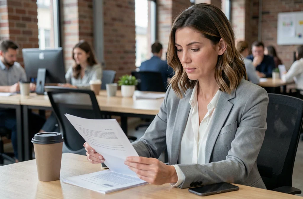 Femme consultante en portage salarial examinant un contrat dans un espace de coworking moderne