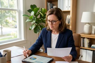Femme cadre senior en portage salarial consultant ses documents de retraite dans un bureau à domicile