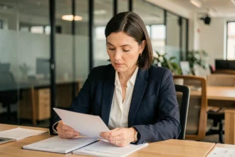 Femme professionnelle en portage salarial examinant des documents administratifs pour un titre de séjour