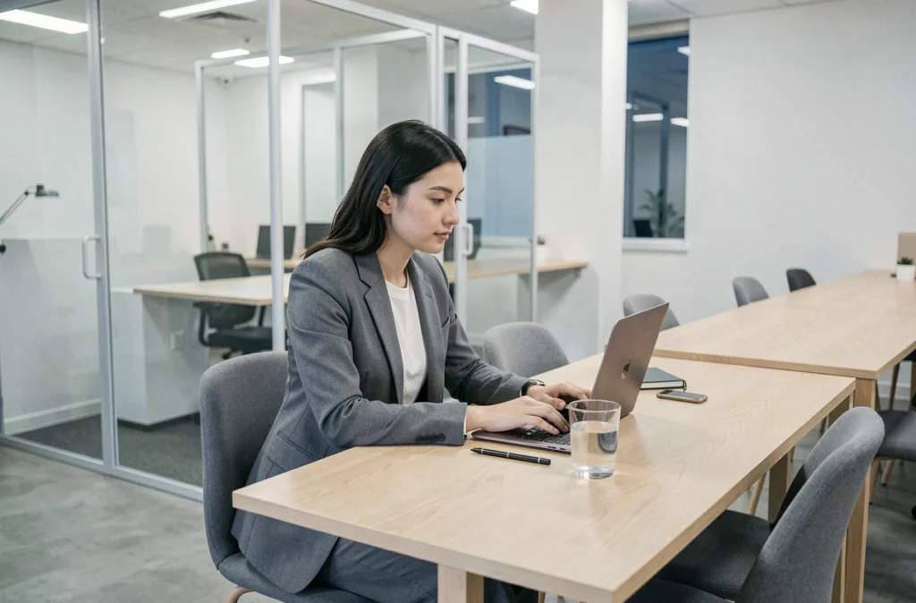 Jeune femme professionnelle concentrée sur son ordinateur portable dans un bureau partagé minimaliste au design scandinave