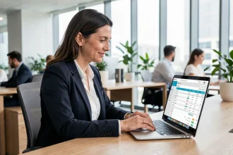 Professionnelle analysant un logiciel de gestion de bulletins de paie en ligne sur son ordinateur portable dans un bureau moderne
